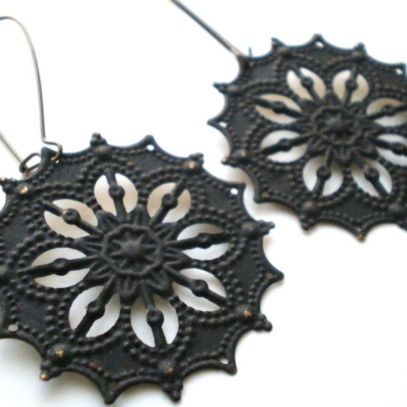 Black Hand Painted Gypsy Star Bohemian Earrings - Picture 3 of 3